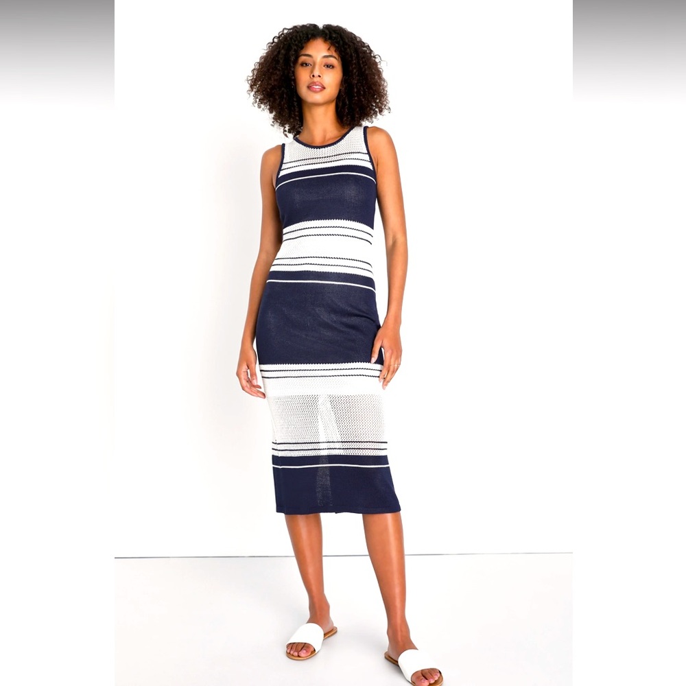 Mornings in Mykonos White and Navy Blue Striped Knit Midi Dress. Brand NWT
